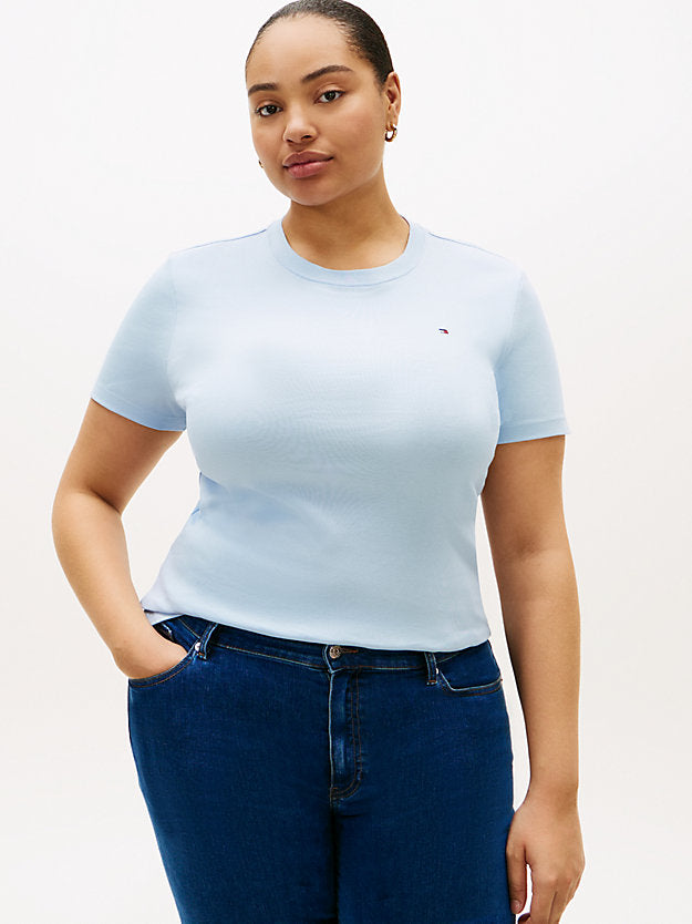 Curve Flag Embroidery Crew Neck Slim T-Shirt