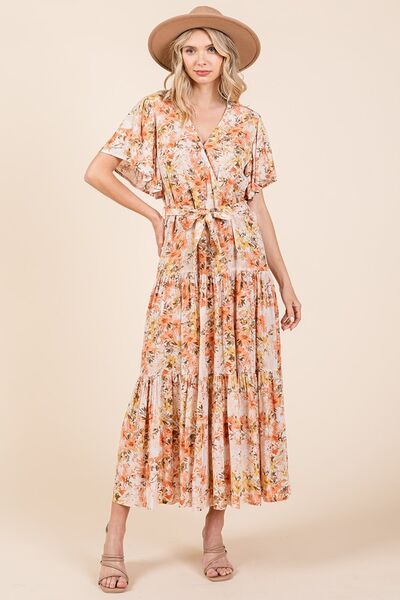 Mittoshop Geblümtes Kleid mit Bindegürtel und Stufenrock