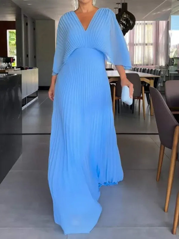 NOUVEAU🔥 Robe en mousseline à encolure en V avec fermeture éclair et manches chauve-souris à nouer dans le dos - Hors taxes