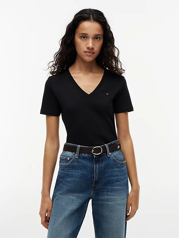 Flag Embroidery Slim V-Neck T-Shirt