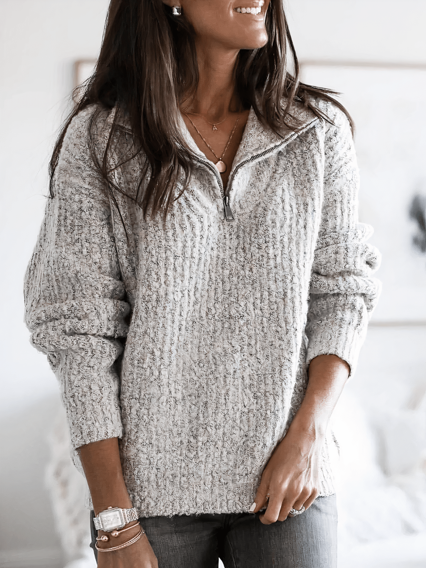 Pull côtelé demi-zip pour femme