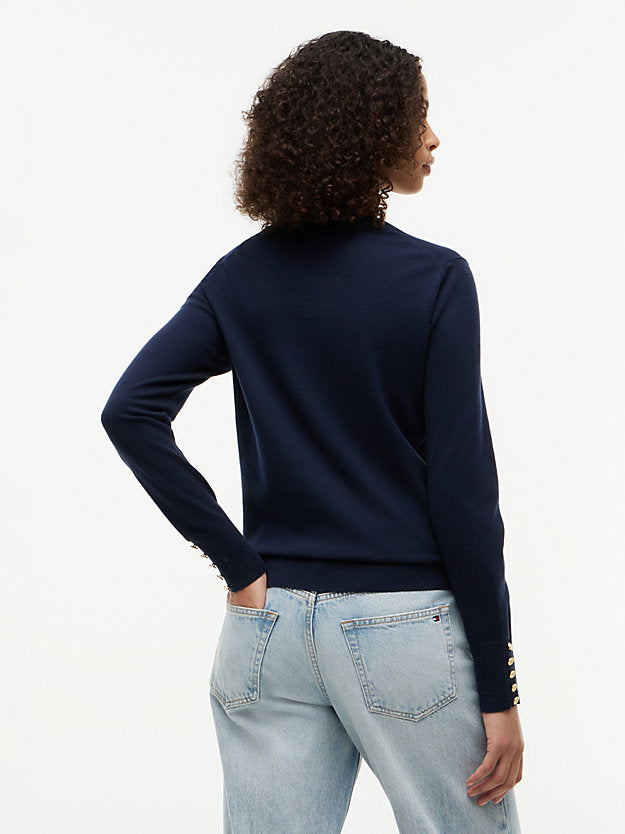 Gold-Tone Button Cuff V-Neck Jumper