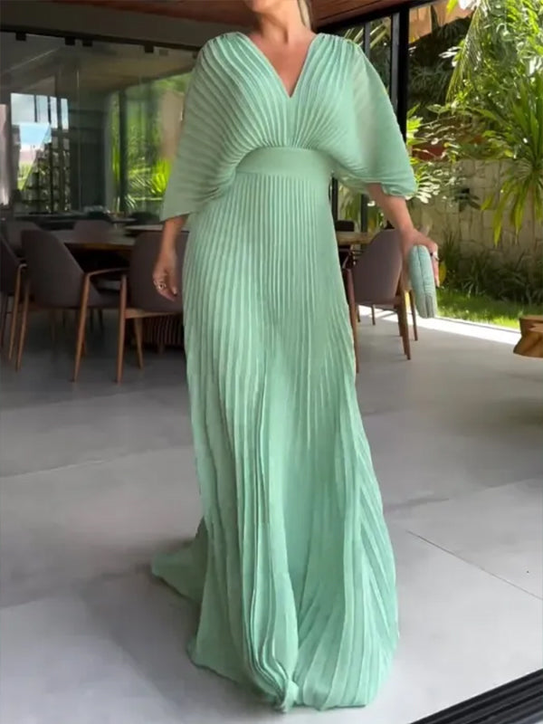 NOUVEAU🔥 Robe en mousseline à encolure en V avec fermeture éclair et manches chauve-souris à nouer dans le dos - Hors taxes
