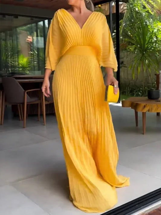 NEU🔥 V-Ausschnitt Chiffon Rückenbindeband Reißverschluss Fledermausärmel Kleid – Steuerfrei