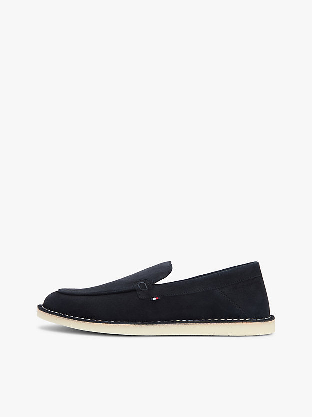 Debossed Logo Topstitch Suede Loafers
