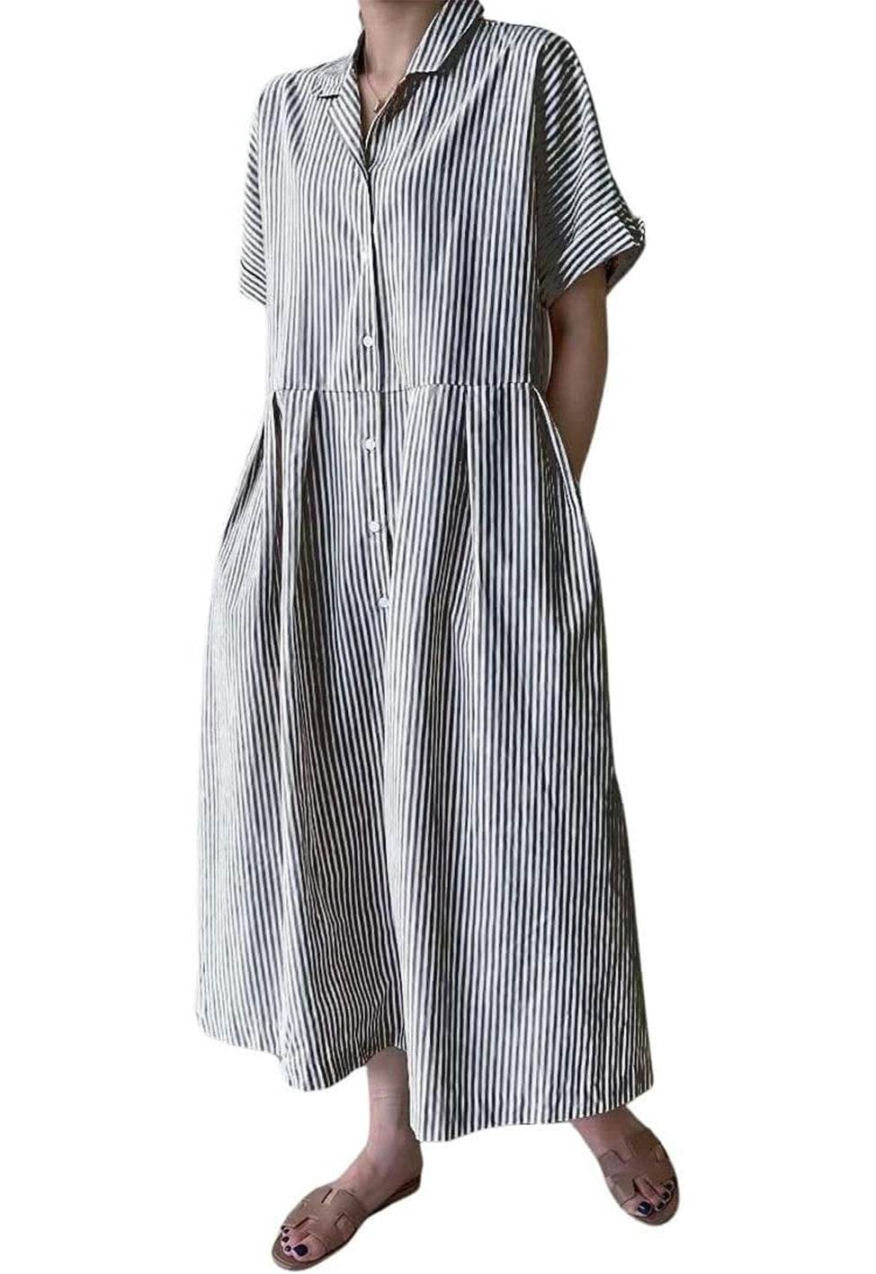 Robe chemise longue mi-longue en coton rayée à manches courtes avec poches pour femme (achetez 2, la livraison est gratuite)