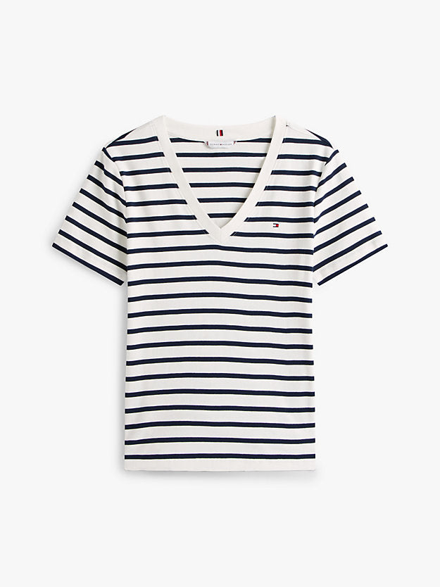 Flag Embroidery Slim V-Neck T-Shirt