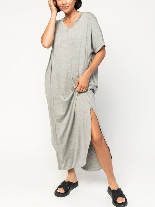 Damen Oversize V-Ausschnitt Split T-Shirt-Kleid (2 kaufen, kostenloser Versand)