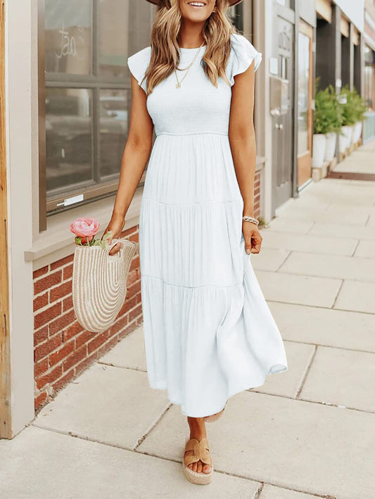 Damen Sommer Freizeit Rüschenärmel Midikleid