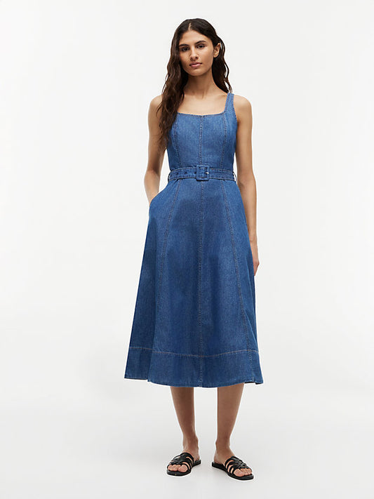 Belted Denim Fit And Flare Midi Dress