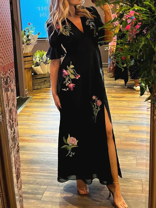 NEU🔥 V-Ausschnitt, geblümtes, besticktes Rüschenkleid – Steuerfrei