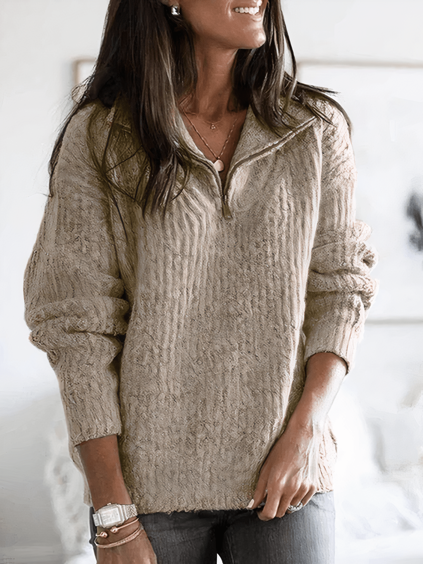 Pull côtelé demi-zip pour femme