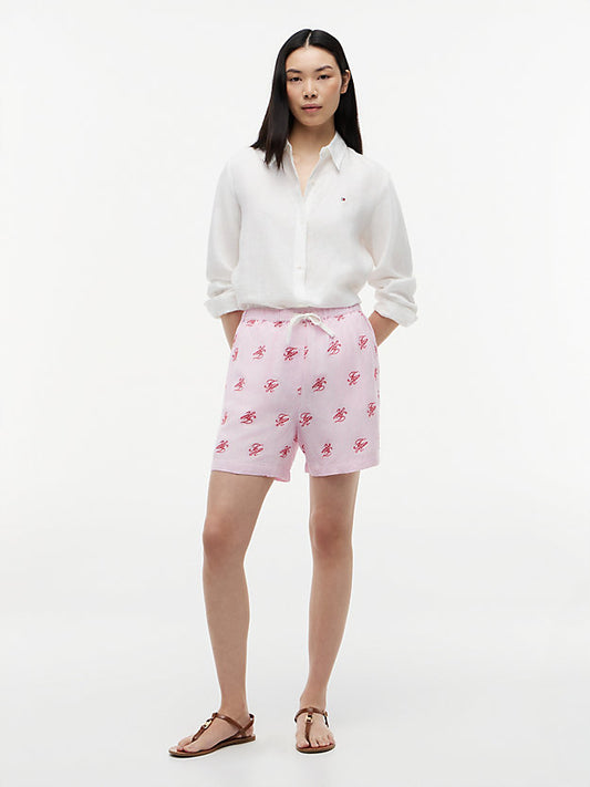Linen Blend Print Relaxed Shorts