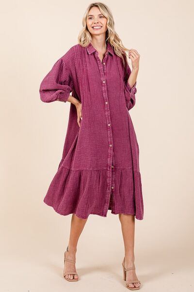 Robe chemise midi en gaze de coton lavée aux minéraux à volants Mittoshop