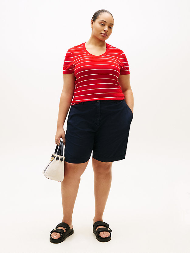 Curve Flag Embroidery V-Neck Slim T-Shirt
