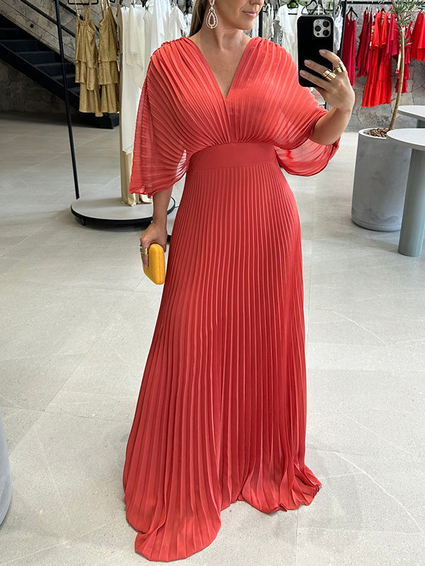 NOUVEAU🔥 Robe en mousseline à encolure en V avec fermeture éclair et manches chauve-souris à nouer dans le dos - Hors taxes