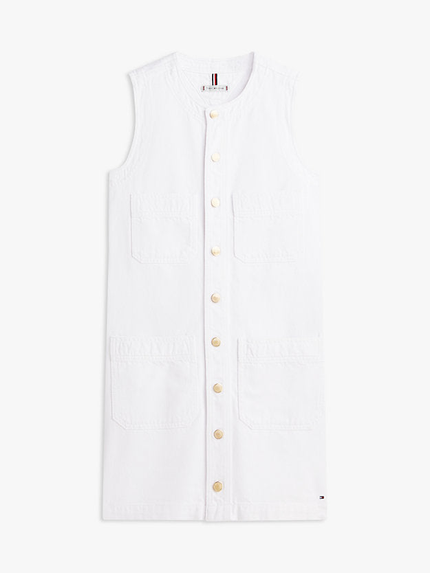 Gold-Tone Button Denim Mini Shift Dress