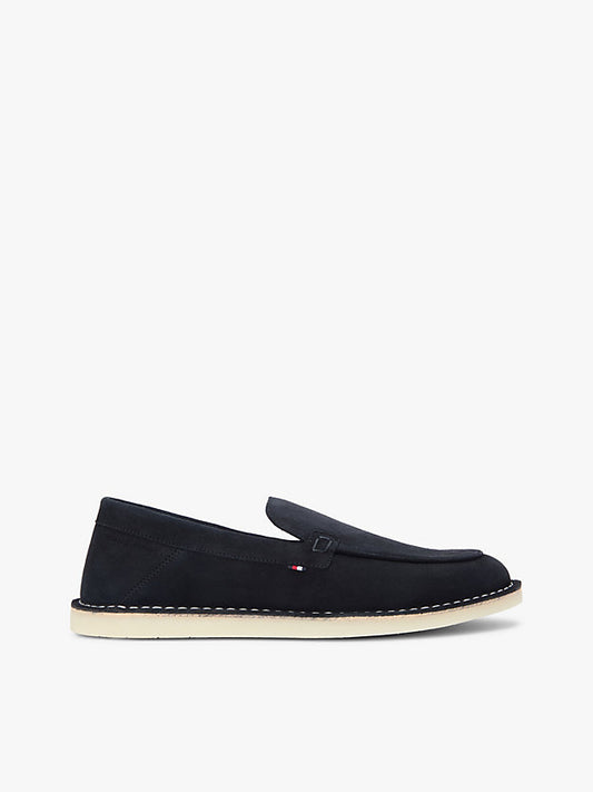 Debossed Logo Topstitch Suede Loafers