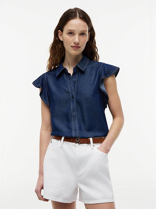 Regular Ruffle Cap Sleeve Denim Shirt