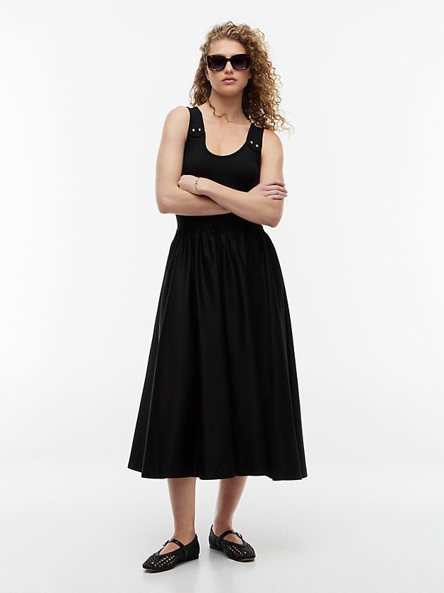 Gold-Tone Button Slim Mixed Midi Dress