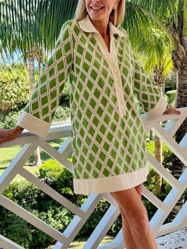 NOUVEAU🔥 Robe-chemise col en V ajourée en dentelle à carreaux diamant