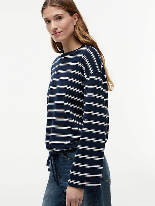 Stripe Drawstring Hem Long Sleeve T-Shirt
