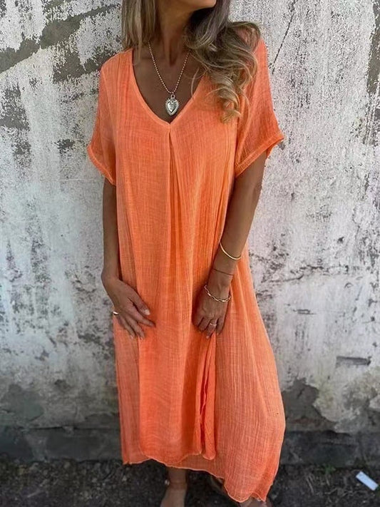 Midi-Kleid aus Baumwolle und Leinen mit V-Ausschnitt
