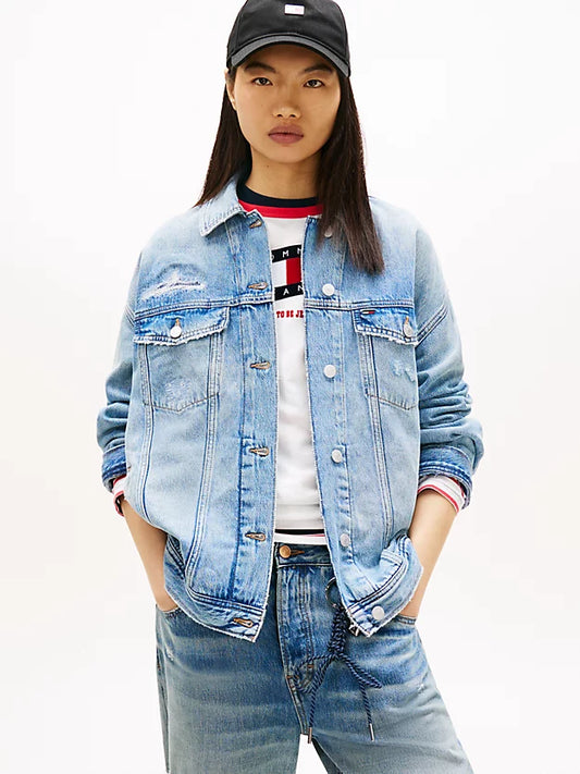 Distressed Oversized Denim Trucker Jacket