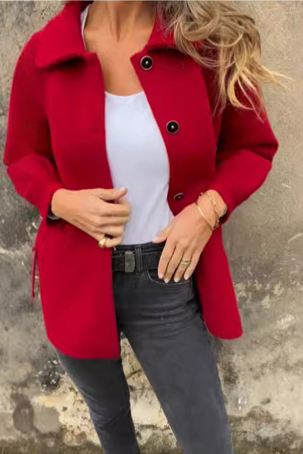 Manteau décontracté pour femme à col rabattu avec boutons, couleur unie