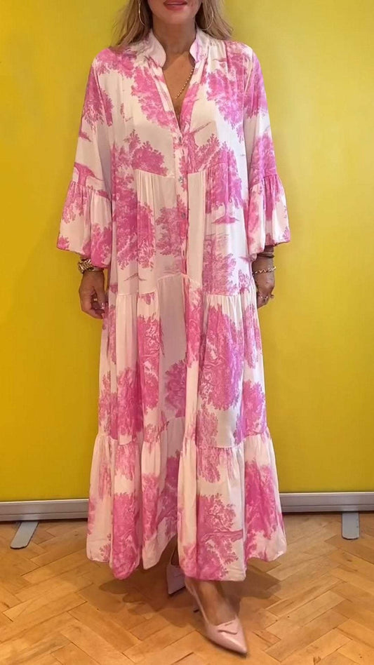 Damen-Sommerkleid mit V-Ausschnitt und Waldmuster Maxikleid