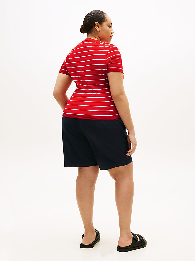 Curve Flag Embroidery V-Neck Slim T-Shirt