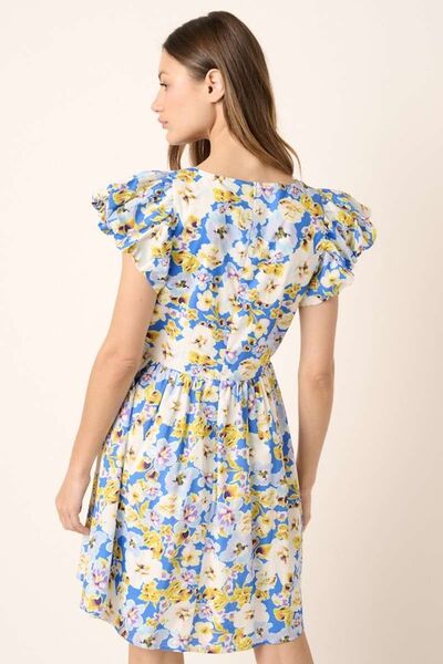 Mittoshop Blumenmuster V-Ausschnitt Flügelärmel Minikleid