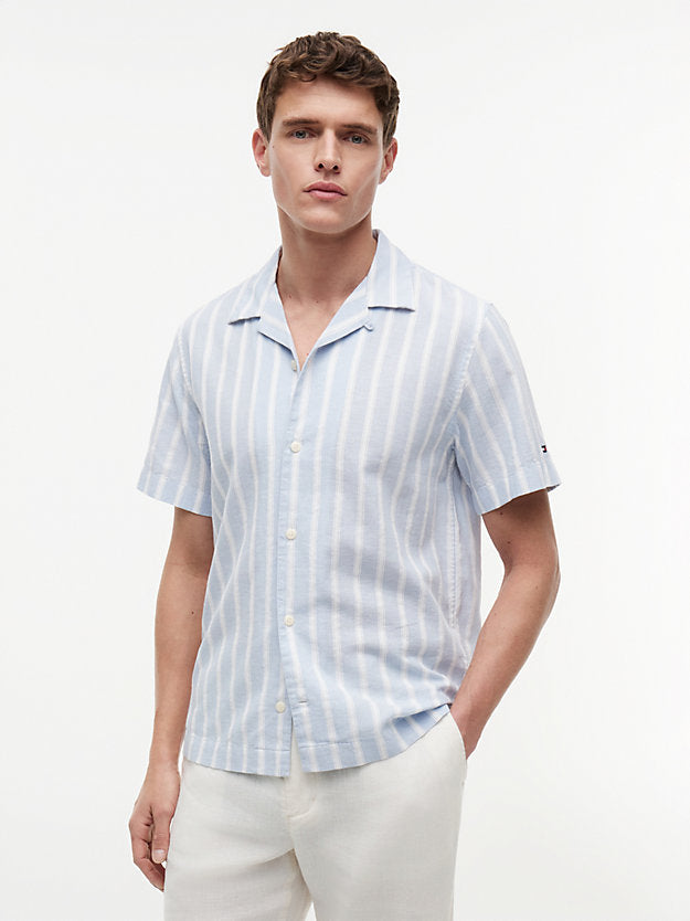 Linen Blend Textured Stripe Short Sleeve Shirt