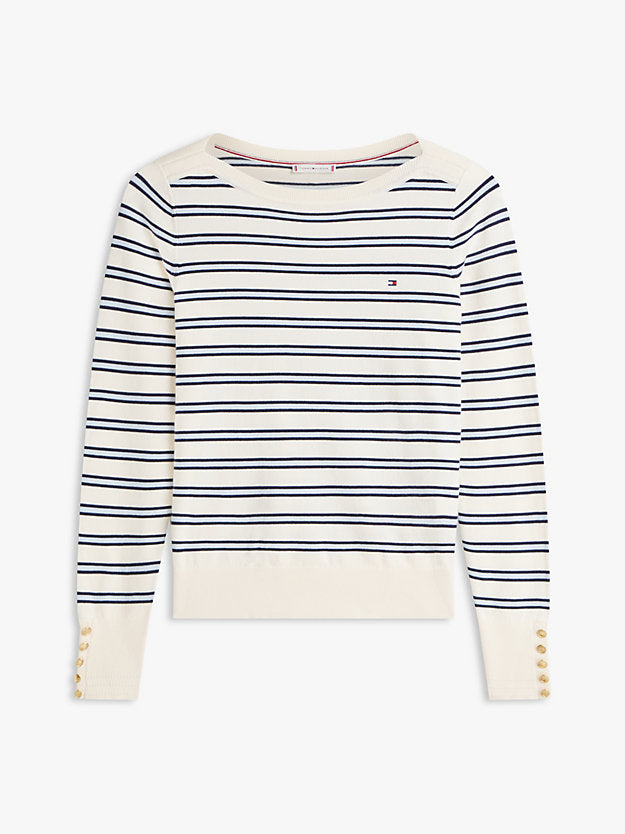 Gold-Tone Button Jersey Boat Neck Jumper