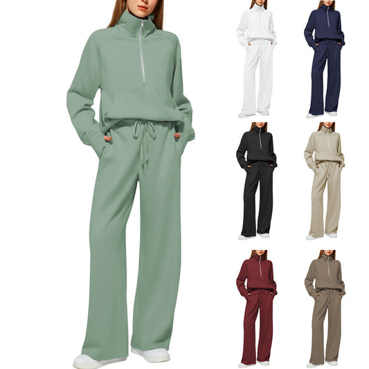 RÄUMUNGSVERKAUF🔥 Zweiteiliges Damen-Set aus Baumwolle mit halbem Reißverschluss in Unifarben