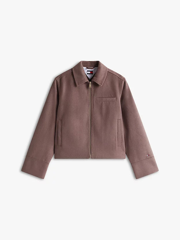 Collared Zip-Thru Wool Blend Twill Jacket