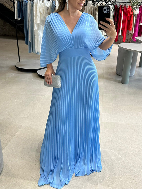 NOUVEAU🔥 Robe en mousseline à encolure en V avec fermeture éclair et manches chauve-souris à nouer dans le dos - Hors taxes