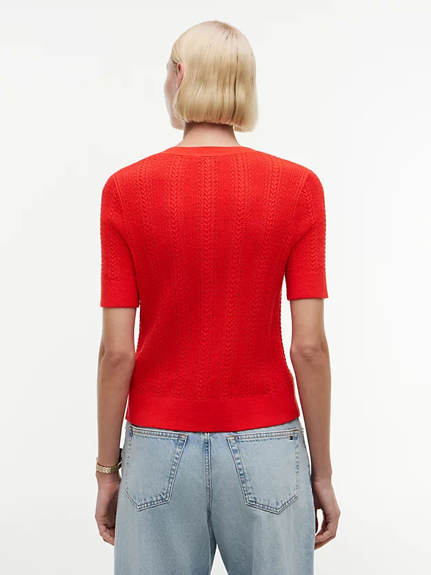 Pointelle Gold-Tone Button Short Sleeve Cardigan
