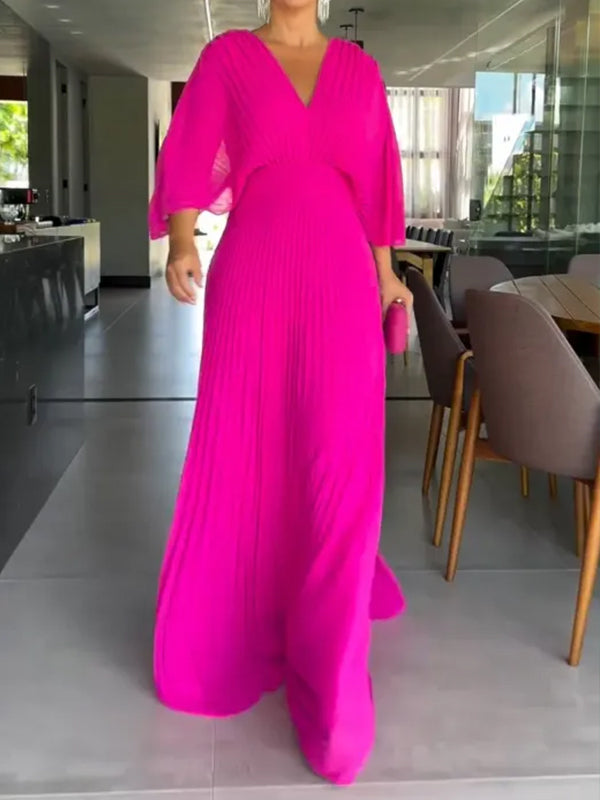 NOUVEAU🔥 Robe en mousseline à encolure en V avec fermeture éclair et manches chauve-souris à nouer dans le dos - Hors taxes