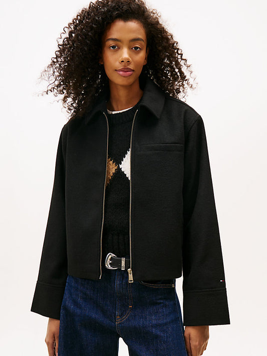 Collared Zip-Thru Wool Blend Twill Jacket