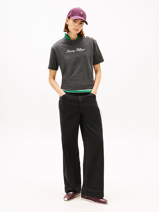 Gold-Tone Button Logo Embroidery Relaxed T-Shirt