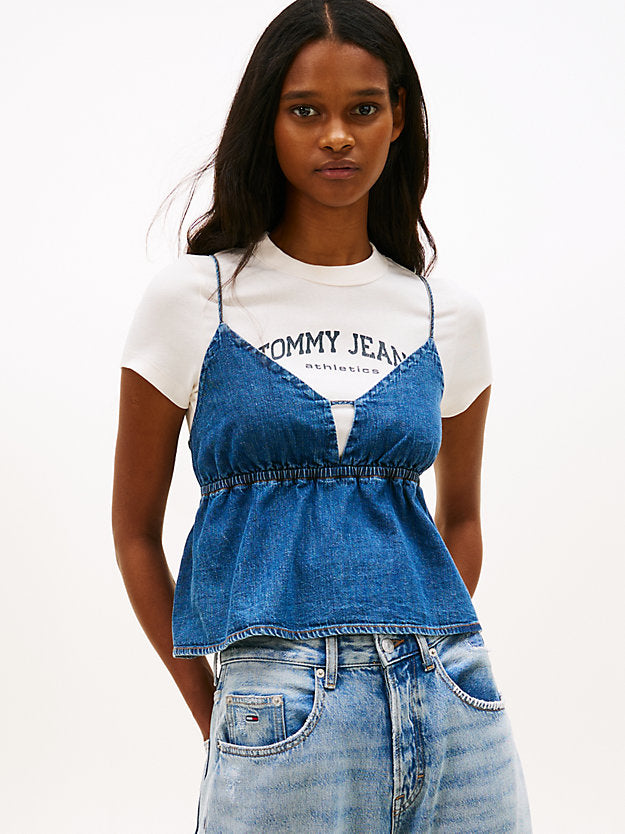 Chambray Spaghetti Strap Slim V-Neck Top