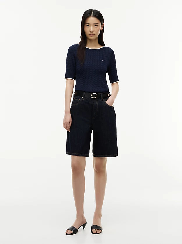 High Rise Straight Denim Bermuda Shorts