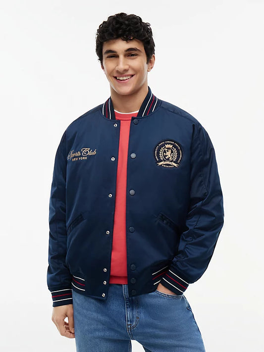 Crest Patch Relaxed Satin Bomber Jacket
