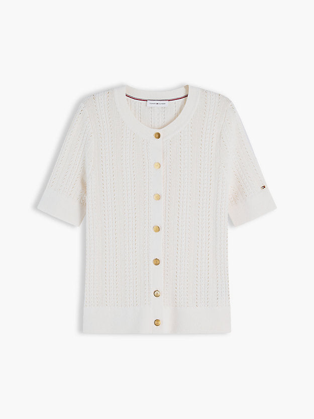 Pointelle Gold-Tone Button Short Sleeve Cardigan