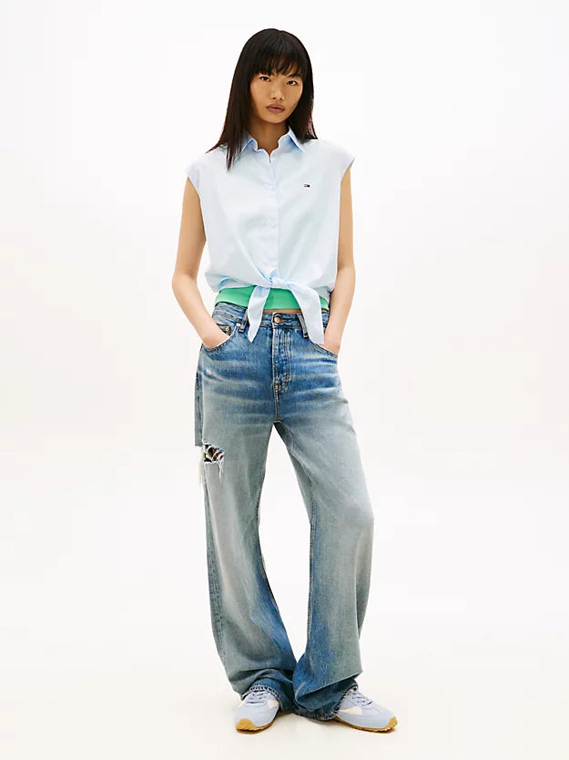 Relaxed Fit Sleeveless Tie Front Shirt