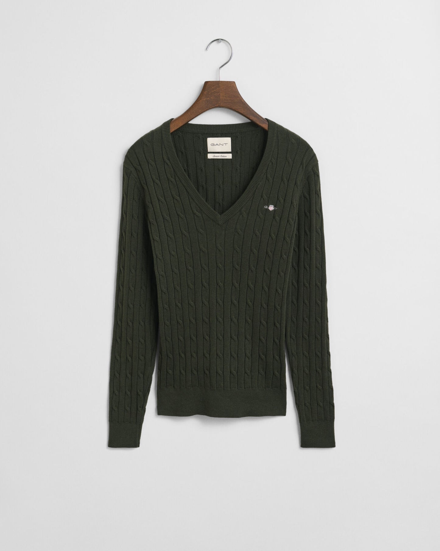 Stretch Cotton Cable Knit V-Neck Sweater